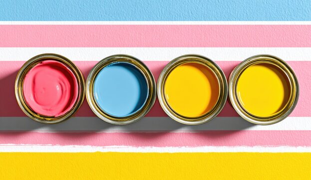 Four Open Paint Cans with Pink, Blue, and Yellow Colors on Striped Background.