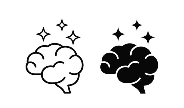 Minimalist brain icons featuring sparkle effects representing creative thinking