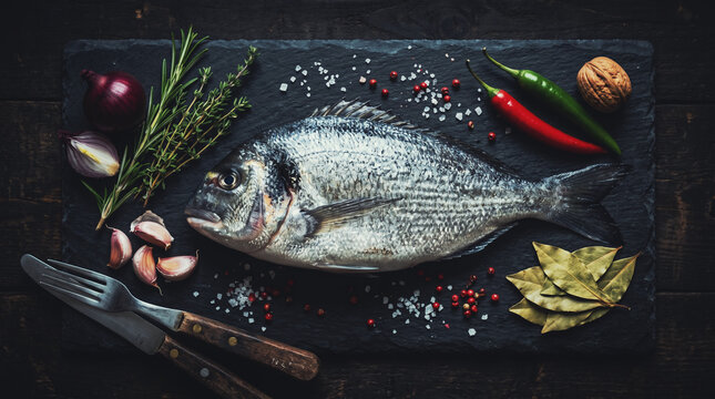 A whole raw sea bream on a dark slate platter, surrounded by herbs, spices, and vegetables, with dramatic lighting enhancing textures.