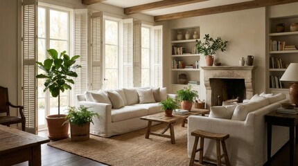 Obraz premium Comfortable living room with white sofas, stone fireplace, wooden furniture, and large windows with shutters