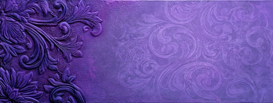 a wide, horizontally oriented image features a textured background in shades of purple embossed floral and vine patterns with leaves and scrolls are prominent Generative AI
