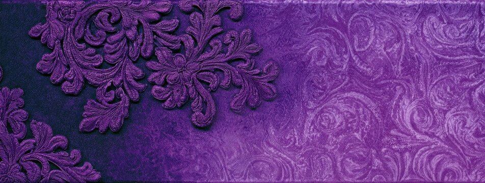 a horizontal purple background with ornate, darker purple, embossed floral and scrollwork designs concentrated on the left half and extending into the bottom left corner Generative AI