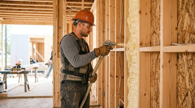 Construction worker applying spray foam insulation to wooden wall studs inside a new building under construction