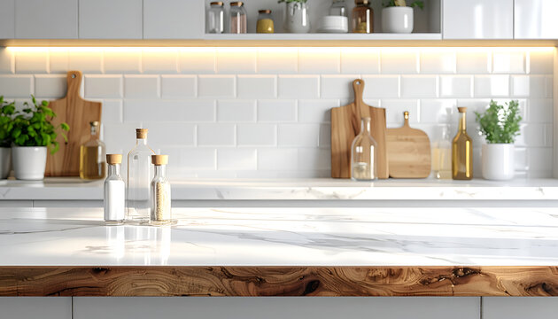 Modern Kitchen Countertop with Subway Tile Backsplash and Under Cabinet Lighting.