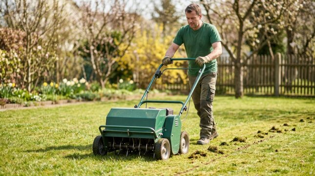 Man using a lawn aerator machine to improve grass health in a garden during spring