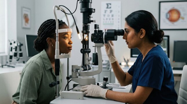 Ophthalmologist examining patient's eye with slit lamp microscope in modern clinic examination room