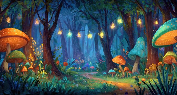 Magical forest path lit by fairy lights