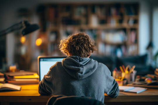 Young man studies or works on a laptop in a cozy home environment