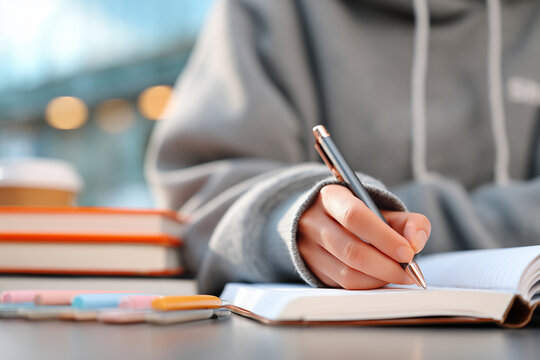 Close-up of hand writing in notebook with textbooks in background