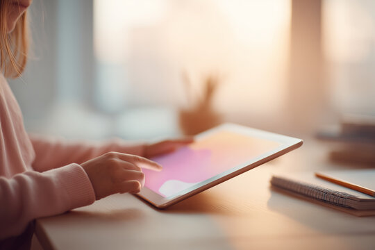 Close-up of girl&rsquo;s hand using tablet with pink tones at home