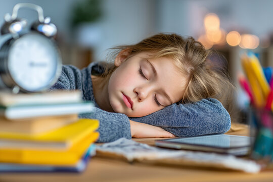 Tired child sleeping at desk with school supplies