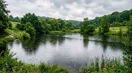 Fototapeta premium Raindrops falling on a calm lake surrounded by lush green trees and rolling hills under a cloudy sky