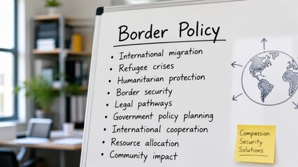 Border policy concept with whiteboard notes on migration and global issues
