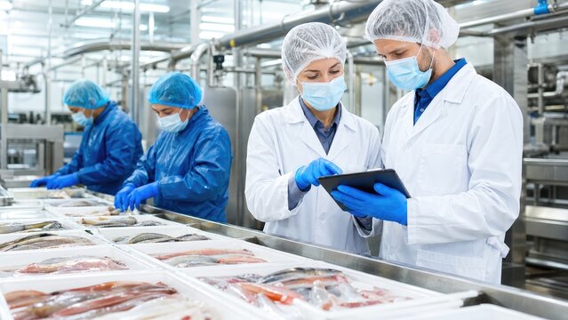 Quality control inspectors analyzing seafood production line in modern food processing factory