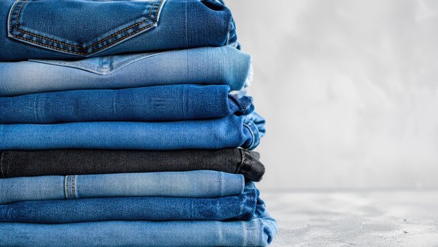 Stack of folded blue denim jeans isolated on neutral background fashion and retail concept