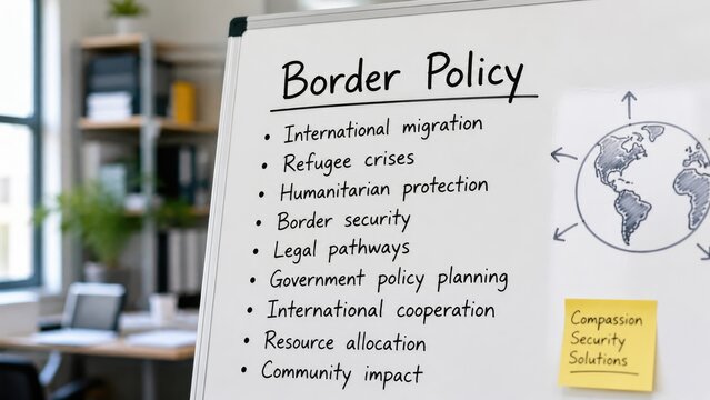 Border policy concept with whiteboard notes on migration and global issues