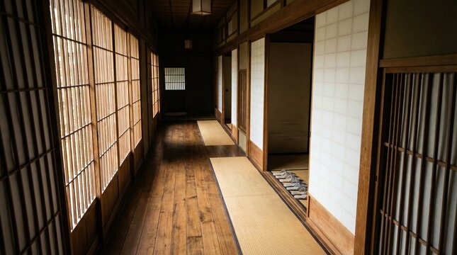 Traditional Japanese hallway with tatami mats, shoji screens, and wooden floors illuminated by natural light
