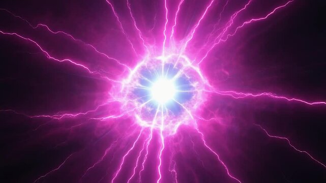 Vivid pink electric plasma lightning explosion radiating glowing energy waves across dark abstract background