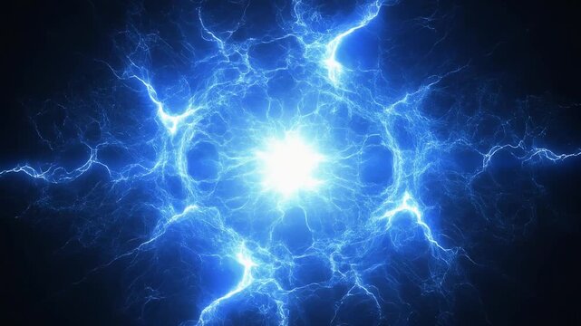 Bright blue plasma lightning explosion forming glowing electric field rays spreading from central energy source