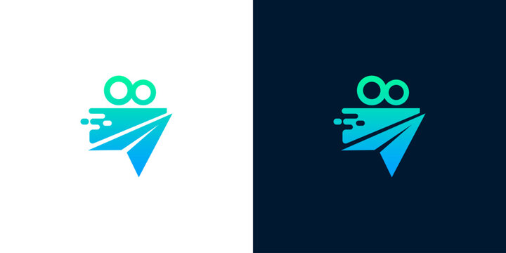 Dynamic gradient logo depicting a fast-moving film reel and an upward arrow, symbolizing rapid video content delivery, cinematic streaming, and swift digital media communication technology