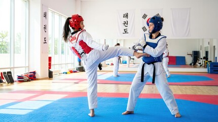 Obraz premium Two female athletes practicing taekwondo sparring in martial arts training gym