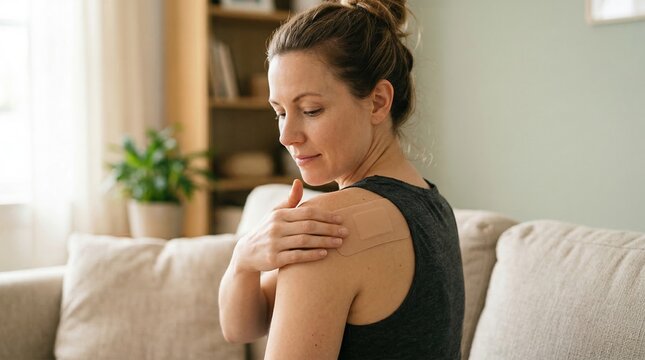 Woman applying a transdermal patch to her shoulder while sitting on a couch at home, receiving medication or therapy