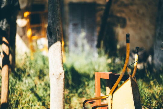 Weathered yellow wheelbarrow leaning in rustic overgrown yard, with wooden post, warm sunlight, shadow, blurred background and selective focus