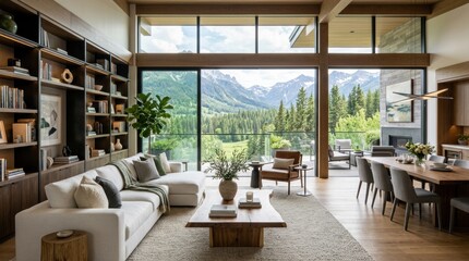Naklejka premium Modern living room with large windows showcasing a mountain landscape, featuring a sectional sofa, coffee table, and dining area