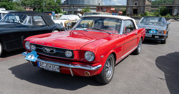 V&ouml;lklingen, Germany - 13 Jul 24: Red Ford Mustang at Classic Car Meet