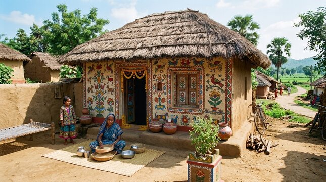 Woman and child in front of a traditional Indian mud house decorated with colorful folk art paintings and thatched roof