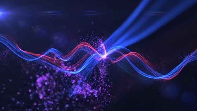 Abstract flowing wave of blue and red light with particles in dark background for futuristic motion graphics