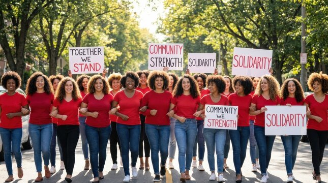 Diverse group of women marching together holding signs for solidarity and community strength