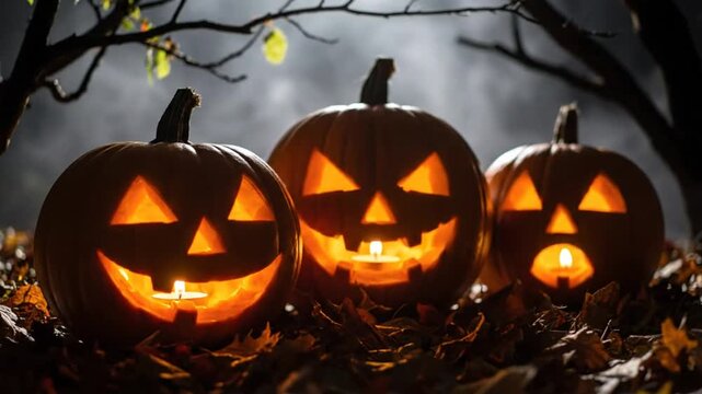 Spooky Halloween scene with three illuminated jack-o-lanterns sitting on autumn leaves in a dark forest at night