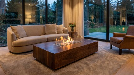 Naklejka premium Modern living room with fireplace coffee table, sofa, armchair, and large windows overlooking a garden at dusk