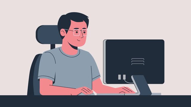 An illustrated young male office worker using a computer at his modern desk station workspace