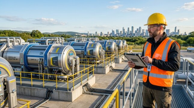 Engineer in hard hat and safety vest checks tablet near modular reactors with city skyline in distance