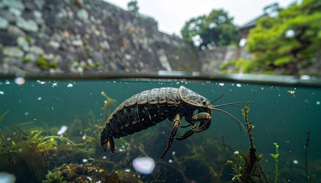お堀の水面を泳ぐ幻想的な水生昆虫、光の反射と波紋の背景素材