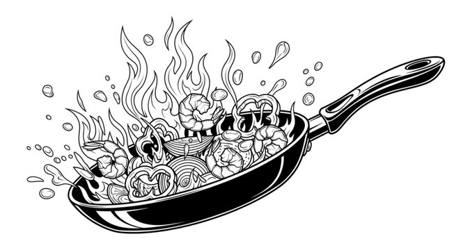 Food Cooking in Frying Pan Illustration.