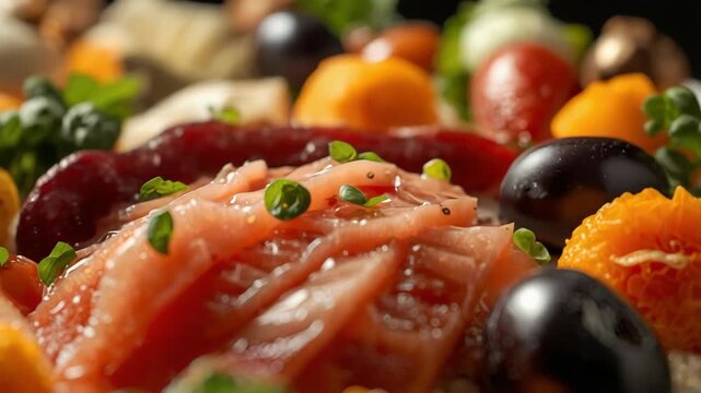 Smoked salmon citrus olive fresh herb garnish sliced fish savory caviar microgreen gourmet appetizer