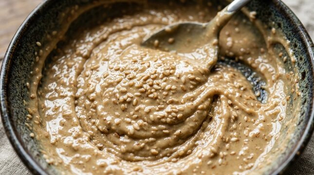 Creamy tahini paste with whole sesame seeds stirred in a rustic bowl with a spoon, close-up food photography