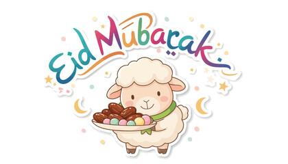 Fototapeta premium Cartoon Sheep Sticker Offering Sweets for Eid Mubarak