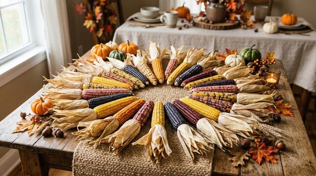 Circular arrangement of colorful Indian corn and dried leaves on a rustic wooden table, decorated for autumn harvest