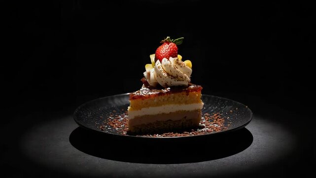 Decadent layered dessert slice with whipped cream, strawberry and chocolate shavings black plate
