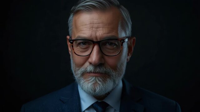 Mature businessman male beard gray hair glasses smiling confidently dark portrait distinguished