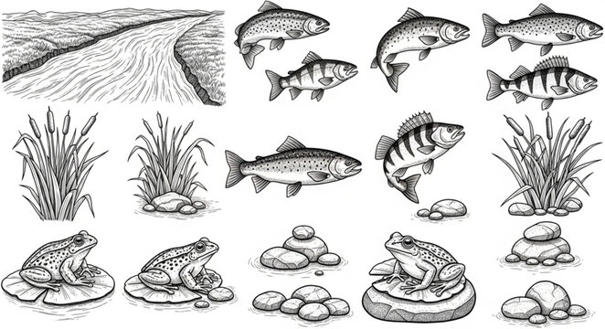 Fish and frogs aquatic animals illustration.