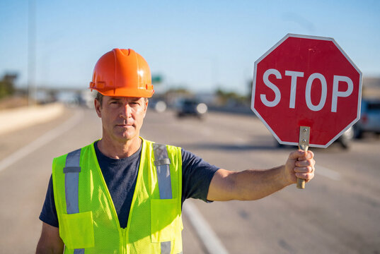 Male traffic controller with stop sign on road in hard hat and vest