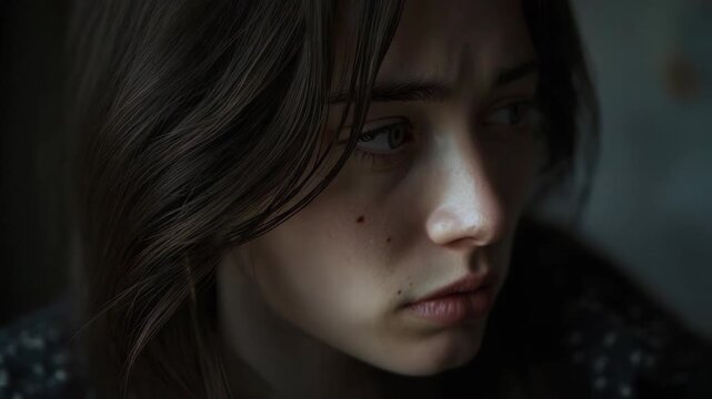 Young woman portrait close up thoughtful natural soft light teary eyes subtle freckles