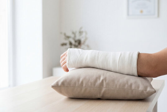 Injured arm in a white medical cast resting on a pillow for support and recovery