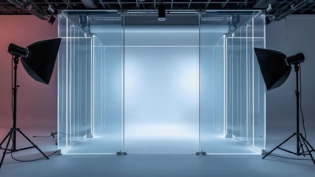 Minimalist vdo studio glass panel and softbox light setup with neon glass panel studio light