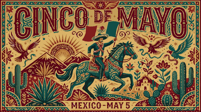 Vibrant cinco de mayo celebration illustration featuring a festive horseman in traditional attire with cacti agave and sunburst in a mexican inspired style